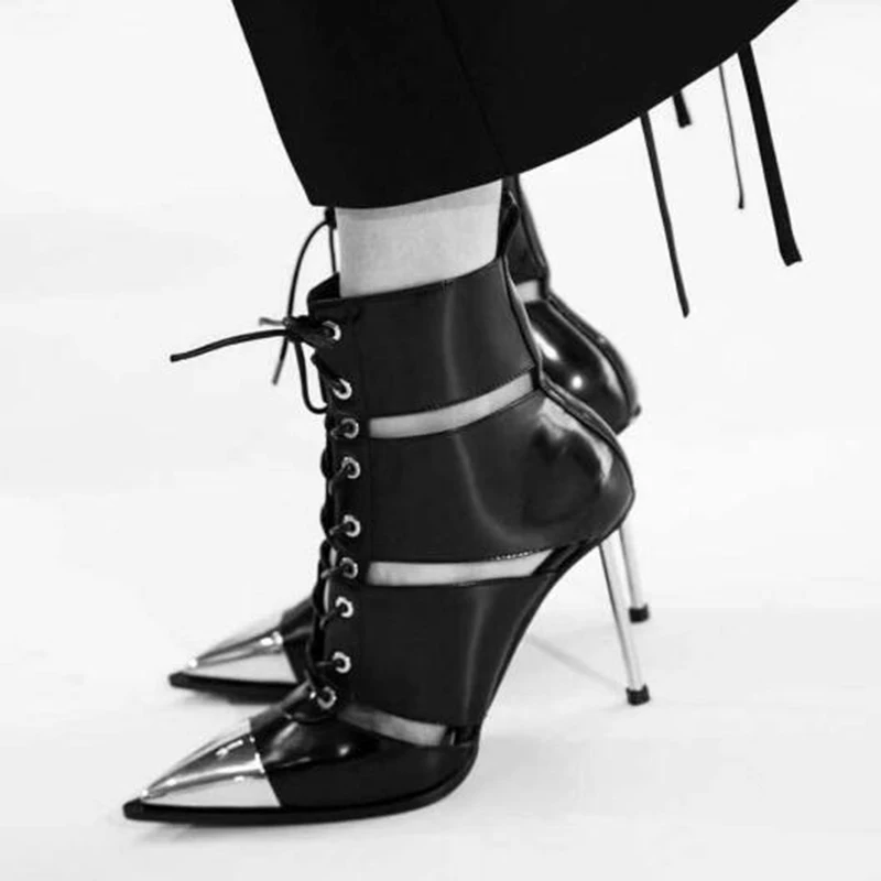 Silla Herskere 2019 sort ægte læder metal-høj hæl ankel støvler kvinde punk nitte snøre støvler kvinder sexet hule ud støvler 1