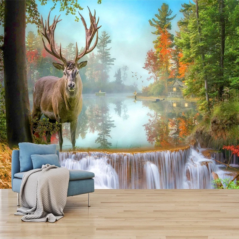 Vandfald Skov Elk Brugerdefinerede 3D-Foto Tapet Stue Sofa Soveværelse TV Baggrund Væg Kunst Vægmaleri med Landskabet Papel De Parede 1