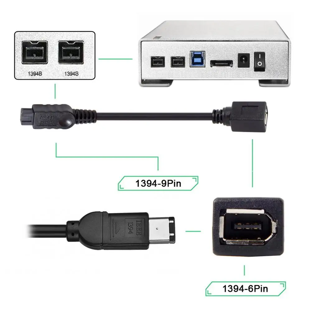 Cablecc Sort Farve IEEE 1394 6PIN Kvinde til at 1394b 9PIN mandlige Firewire 400 TIL 800 Kabel-20cm 1