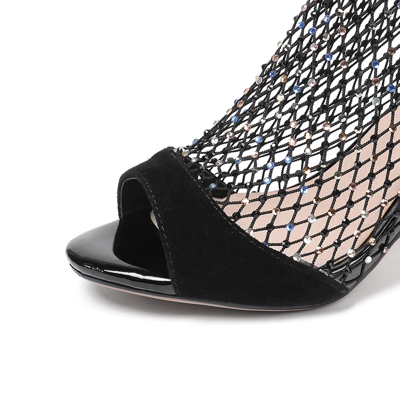 Kcenid 2019 Fashion stor størrelse 33-43 bling crystal mesh kvinder sko peep toe sexy høje hæle party sommer støvler og lynlås, sort 1