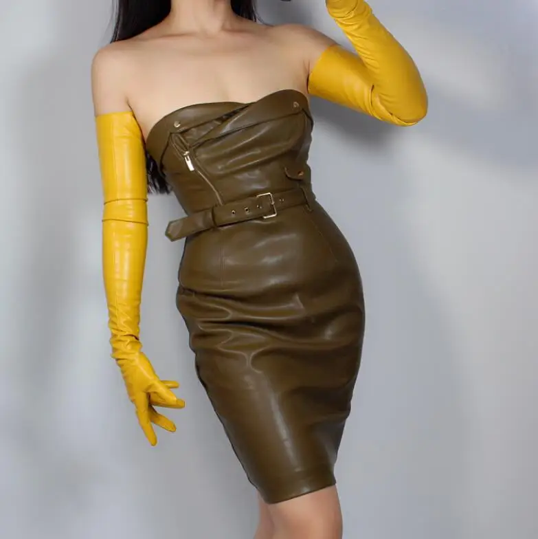 Kvinders mode gul farve sexet slank imiteret pu læder handske lady ' s club ydeevne formel part læder lang handske 60cm R2087 1