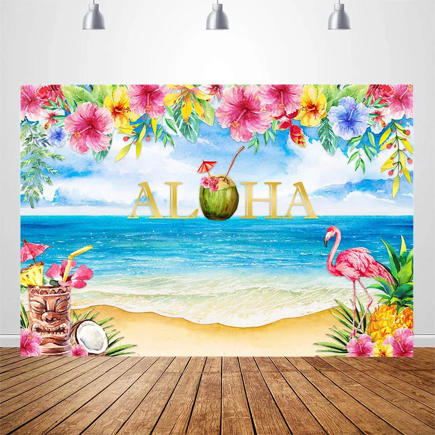 Aloha Tiki Part Baggrund Hawaii Tropical Flamingo Fotografering Baggrund Stranden Luau Fødselsdag Banner Baggrunde Photo Booth 1
