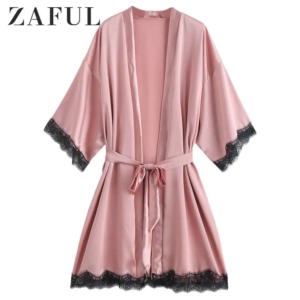 ZAFUL Blonder Panel-Silky Belted Pyjamas Robe For Kvinder Krave Indsætte Blød Satin Nattøj Kvindelige Søde Stil 1