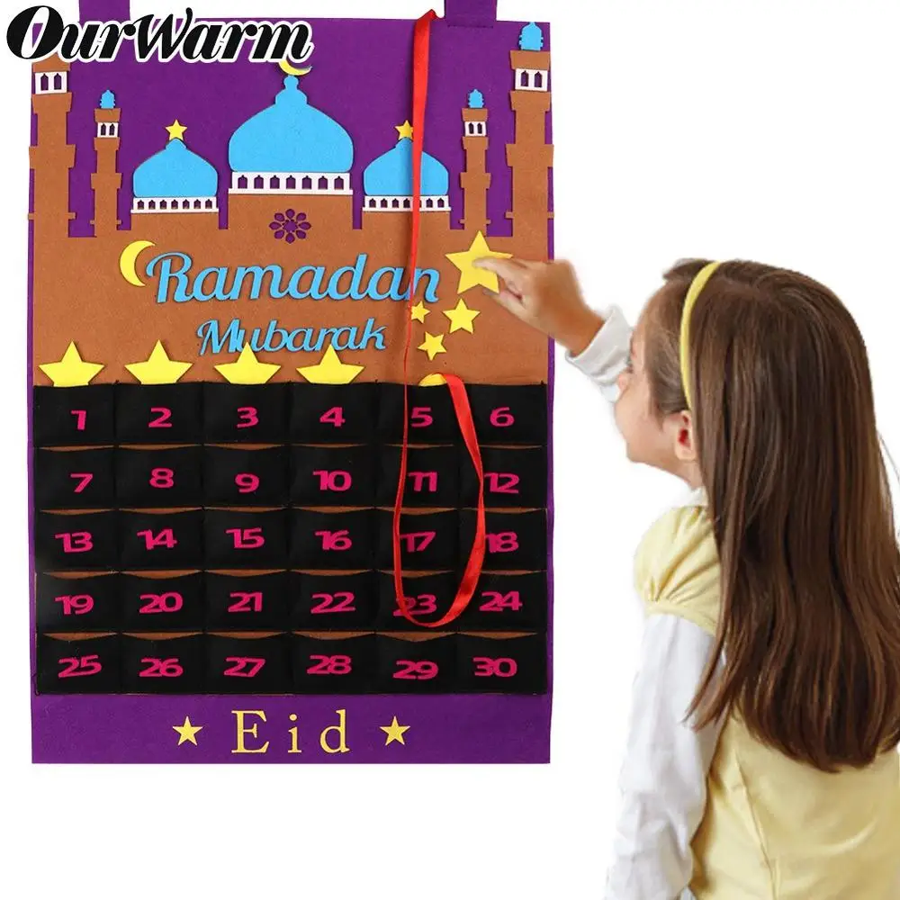 OurWarm EID Mubarak Udsmykning DIY Følte Kalender Gold Star Mærkat Hjem Væggen Hænger Muslimske Balram Ramadan Kareem Festival Party 1