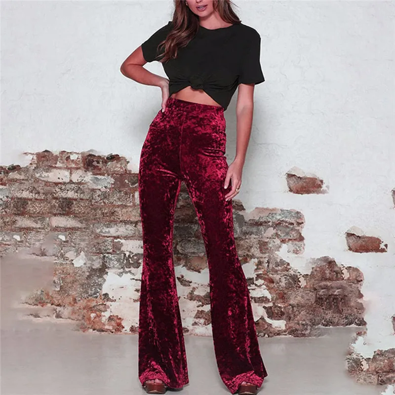 2020 Fashion Kvinder Solid Velvet Blusset Lange Bukser Med Høj Talje Elastisk Bell Bottom Bred Ben Grundlæggende Bukser Pantalones 1