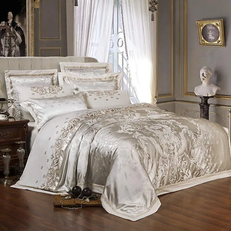 Splint Guld Luksus Silke Satin Jacquard dynebetræk sengetøj sæt dronning king size Broderi seng sæt lagen/lagen sæt 1