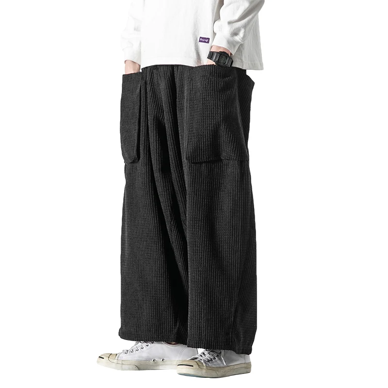 Kinesisk Stil Fløjlsbukser Casual Bred Ben Bukser 2021 Mode Harajuku Stor Lomme Black Straight Bukser Plus Size Bunde Mænd 1