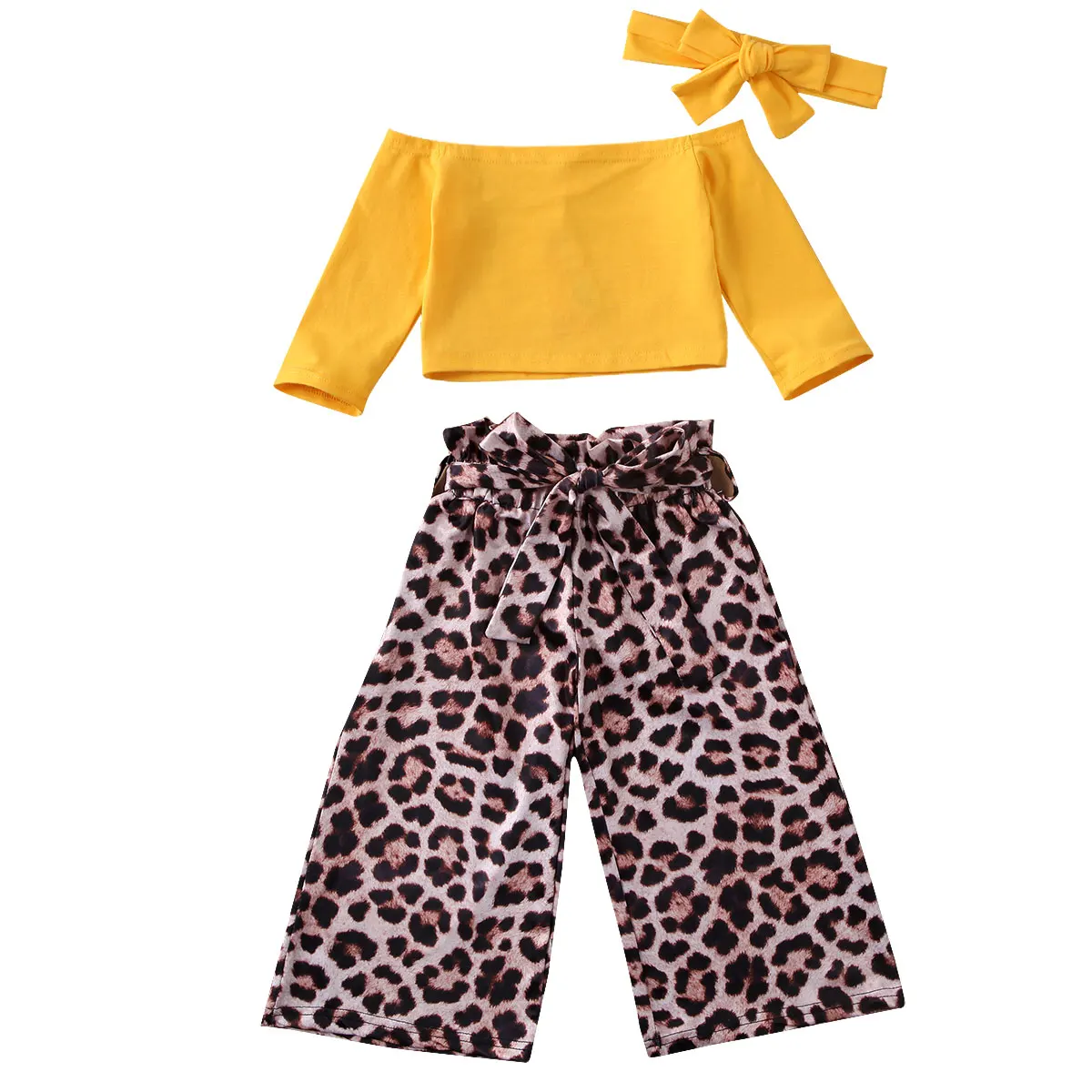 Pudcoco Toddler Baby Pige Tøj Solid Farve Off Skulder Crop Tops Leopard Print Lange Bukser Hovedbøjle 3stk Tøj Tøj 1