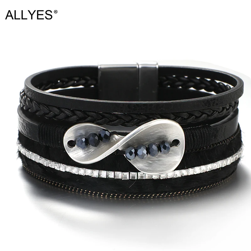 ALLYES Sort Læder Flettet Armbånd til Kvinder dyrehår Udskriver Krystal Kæde Mulitlayer Wrap Infinity Armbånd Smykker 1