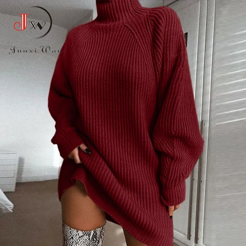Kvinder Rullekrave Overdimensionerede Strikket Kjole Efteråret Solid Langærmet Afslappet Og Elegant Mini Sweater Kjole Plus Size Vinter Tøj 1