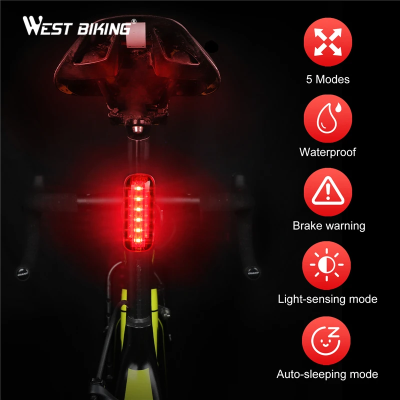 WEST CYKLING Intelligent Induktion Cykel Lys Vandtæt USB-Genopladelige Bremse Sensing Baglygte LED Lommelygte baglygte 1