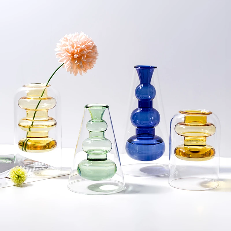 Nordisk Farverige Glas Vase Hydroponics Stue Dekoration Blomst Arrangement Dobbelt Lag Transparant Vaser Desktop Indretning 1