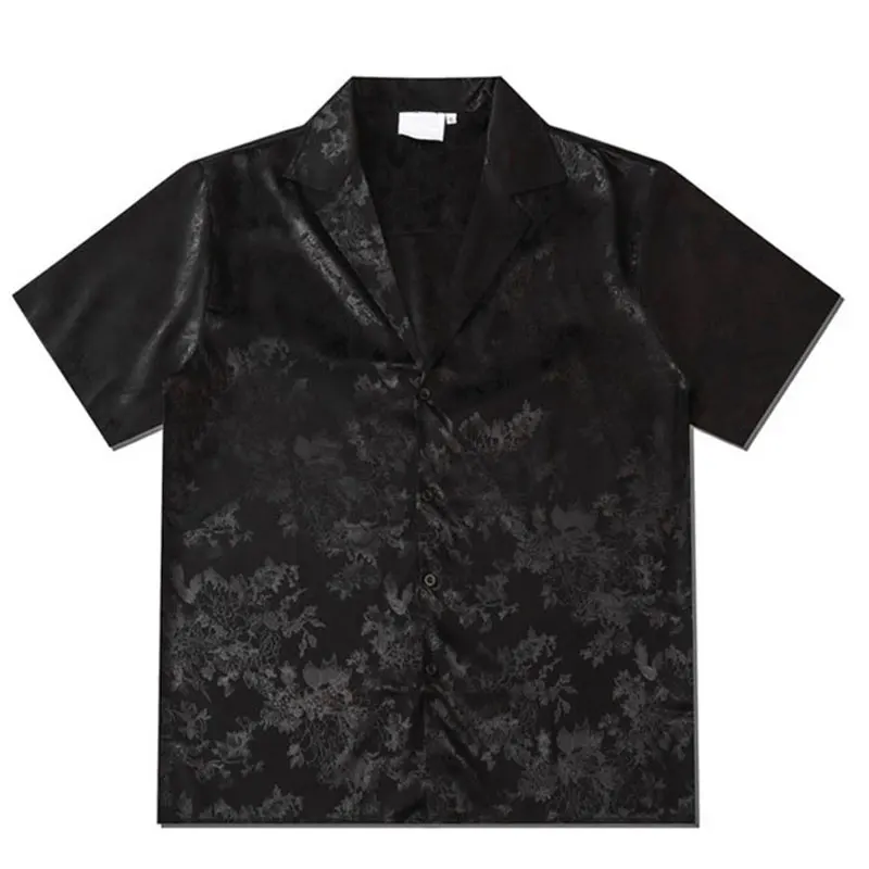Harajuku Mænd Shirts Black Flower Print Korte Ærmer Enkelt Breasted Løs Skjorte 2020 Hip Hop Stranden Casual Streetwear Unisex 1