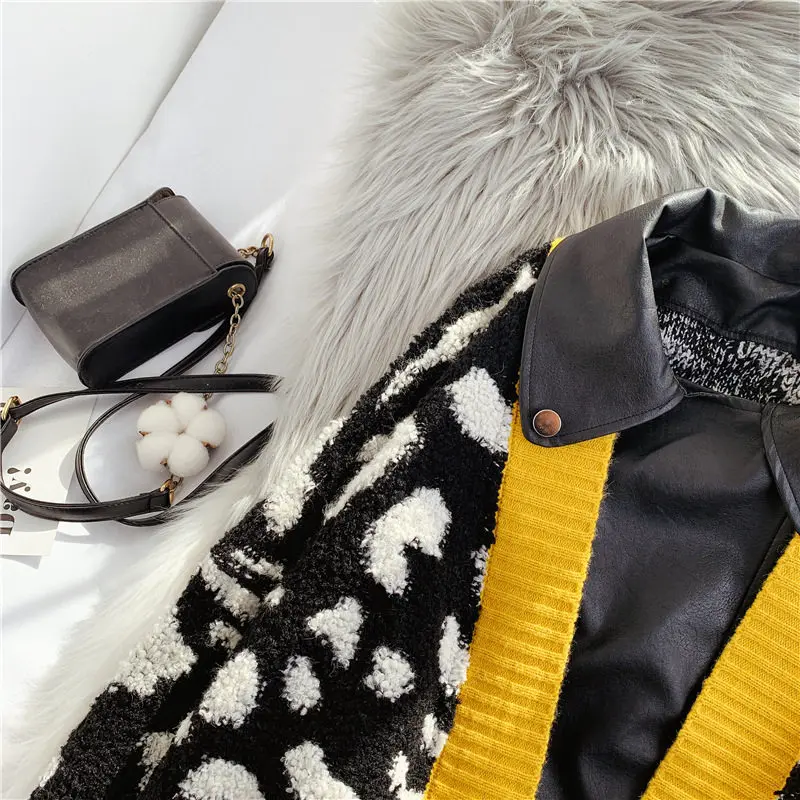 Plus Size Mode Midi-Kvindelige Pels 2021 Efterår Og Vinter Nye Løs Leopard Print Coat Western Stil Strikket Cardigan Med Læder Jakke 1