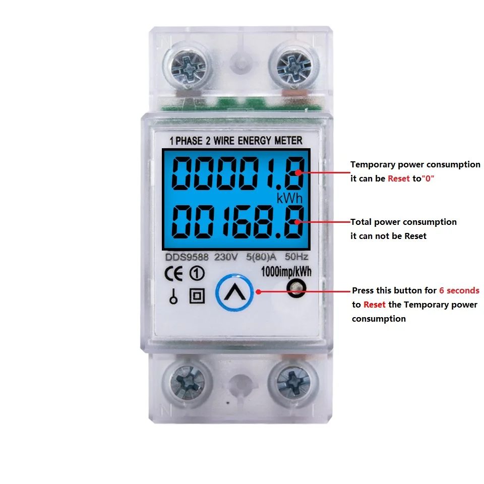 Din-Skinne Enkelt Fase Digital Nulstille Nul Energi Meter kWh Spænding Aktuelle Strømforbrug Counter Wattmeter El 230V 1