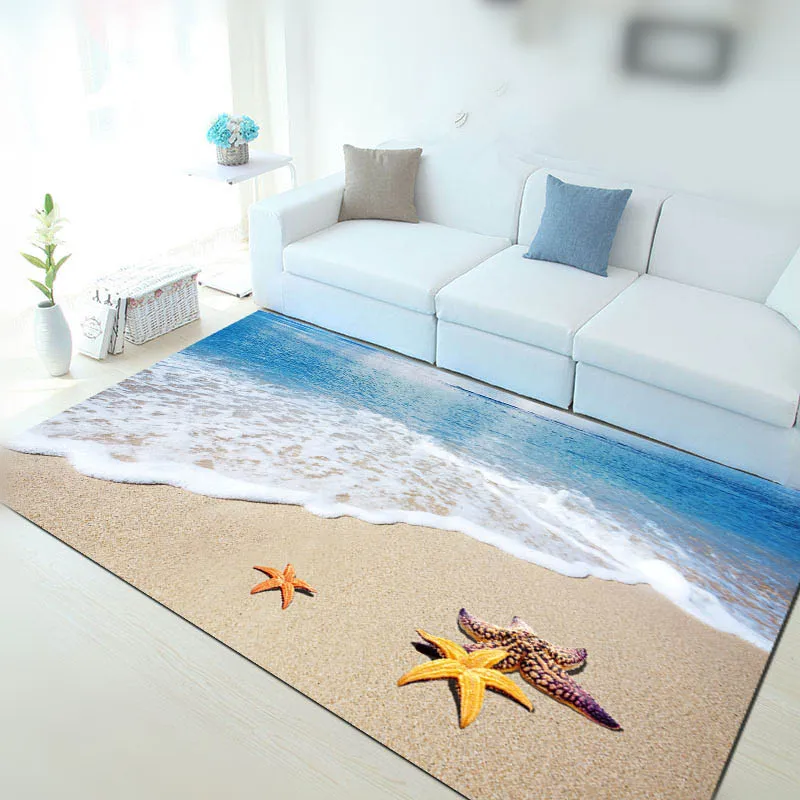 Blue Sea Beach middelhavsstil 3D Tæppe Stue sofabord Sovesofa Soveværelse gulvmåtte Brugerdefinerede Vaskbar Strand Skaller 1