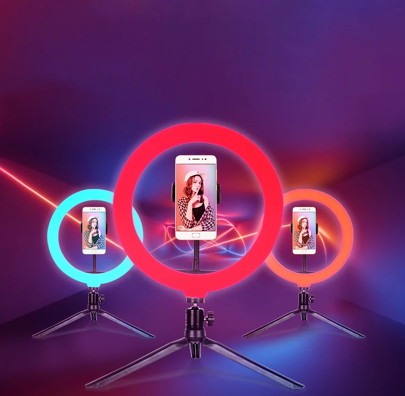 10 Tommer RGB Selfie Ring Lys Stativ Stå Julegave Makeup Live Stream LED Kamera lys ring Bluetooth fjernbetjening USB 1