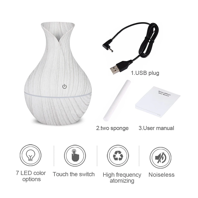 KBAYBO 130ml USB mini electric luftfugter aroma diffuser ultralyd træ, korn luft luftfugter med 7 farve LED lys til hjemmet 1