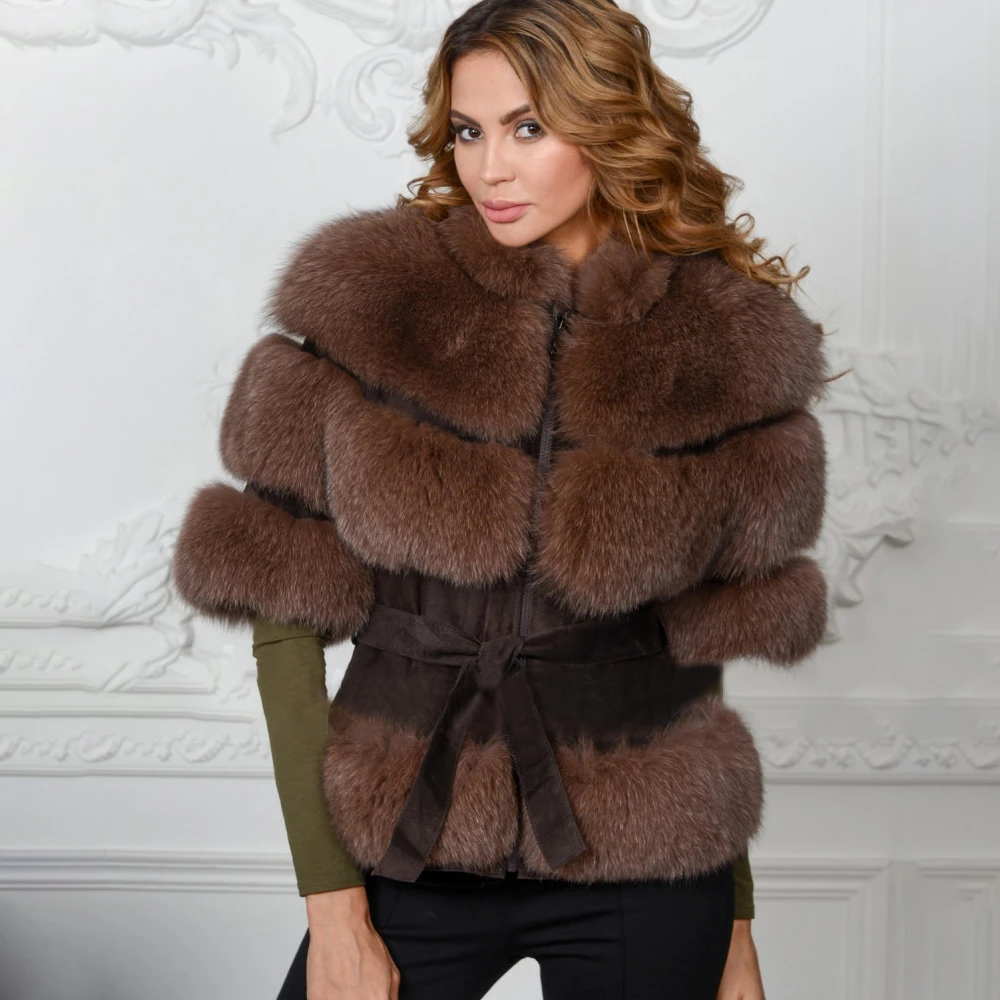 TOPFUR 2020 Fashion Vinter Slank Frakke Med Bælte Læder Jakke Naturlige Blue Fox Fur Real Fur Coat Kvinder Halv Ærmer Pels Lynlås 1