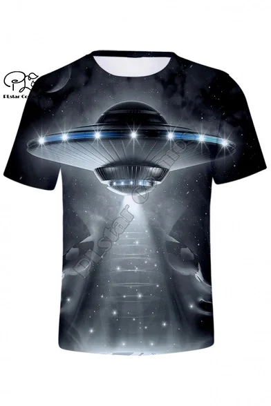 PLstar Kosmos 3D Mode Harajuku Streetwear Fremmede Rumskib UFO Galaxy Unisex Casual Sjove t-shirts, Korte ærmer a1 1