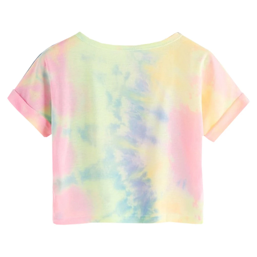 Kvinder Sommer Glad Brev Trykt Tie Dye Print Knude Foran Casual Girls T-Shirts Børn 2019 Sommeren Cap Ærmet Colorblock Børn 1