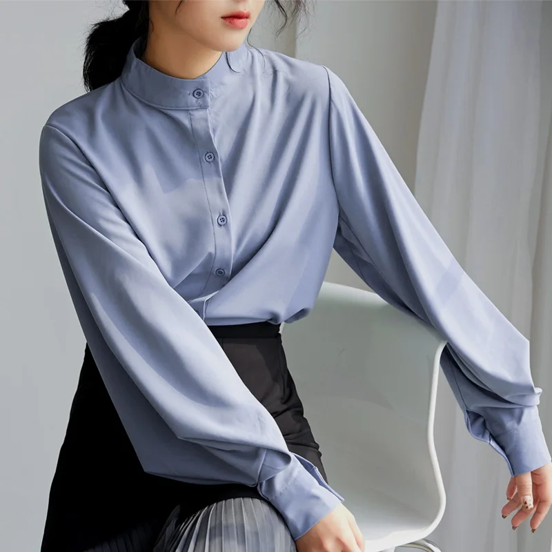 Efteråret 2021 Fashion Kvinder Chiffon Shirts Vintage Hong Kong Style Lanterne Ærmet Shirt Solid Langærmet Knappen Bluser 6462 50 1