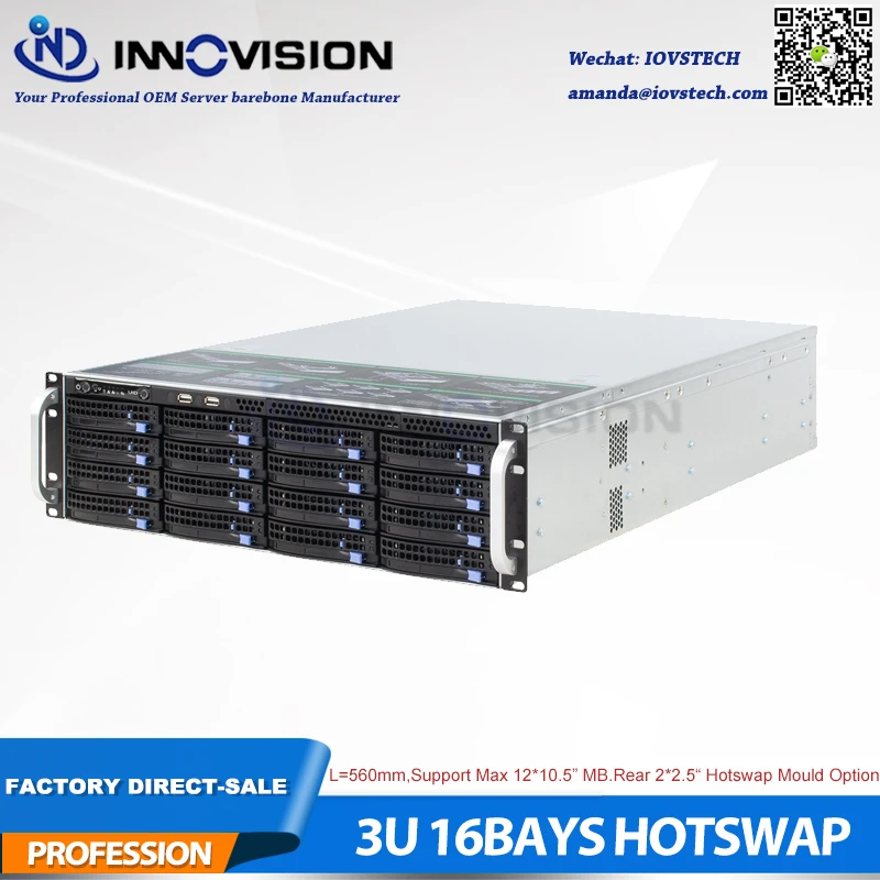 Stabil store lager-16 bugter 3u hot swap-rack case NVR NAS server chassis L=560mm,støtte max 12*10.5
