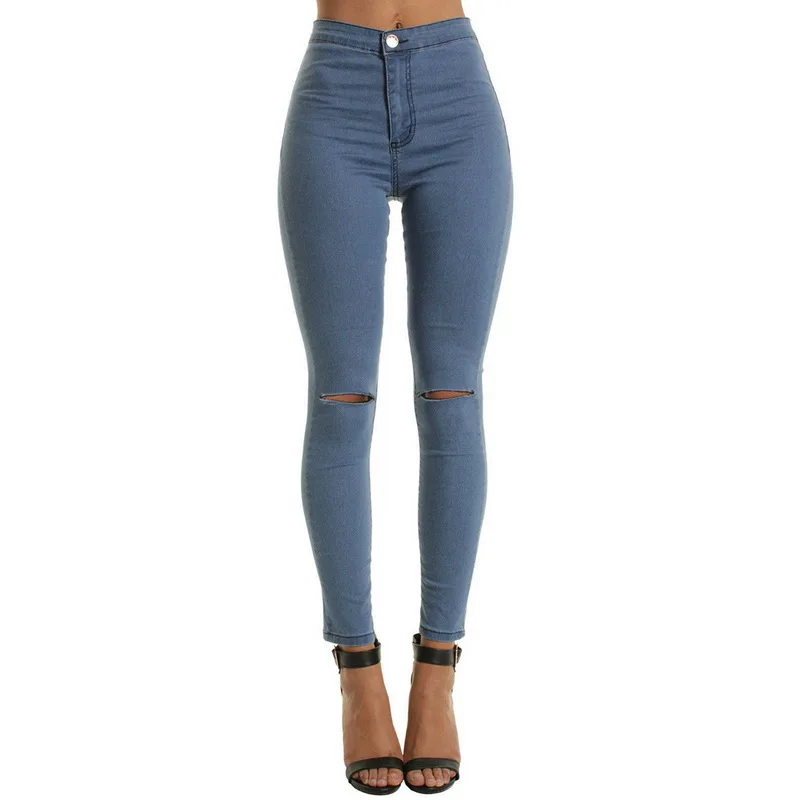 Høj Talje Casual Skinny Jeans For Kvinder Hul Vintage Piger Slank Rippet Denim Blyant Bukser Med Høj Elasticitet Sort Blå 1