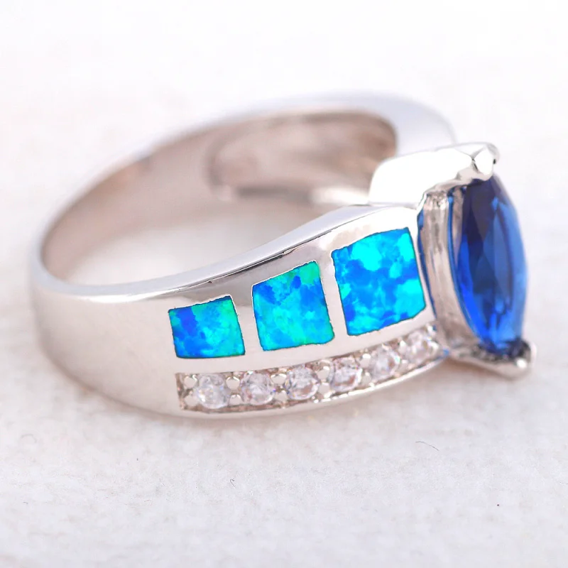 ROLILASON Perfekte Gave til Kæreste Blå Ild Opal Silver Blue Zircon Mode Smykker Ringe USA Størrelsen #6#7#8#9#10 OR876 1