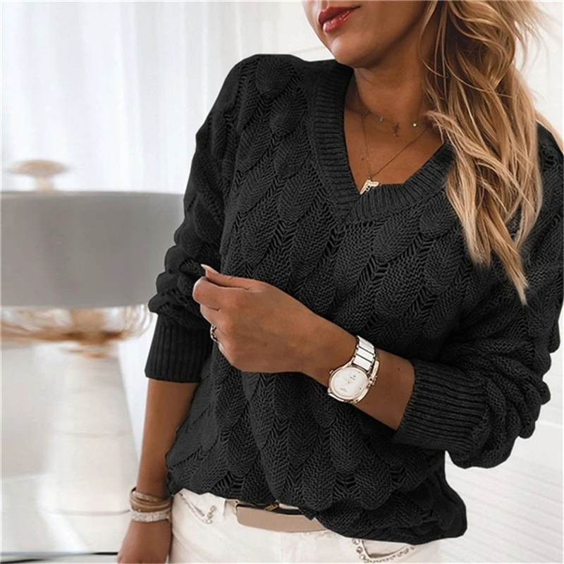 Damer Elegant Ensfarvet Sweater Kvinder Mode Hule Ud Toppe Slim V-Hals Sweater For Feminal 2021 Efteråret Tøj 1