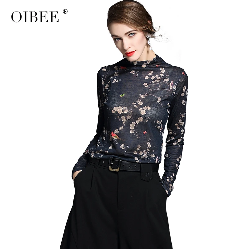 OIBEE2019 Nye Mode Skåret Ud Almindeligt Kvinder Tee Elegant Sort langærmet T-shirt med O-Hals blomsterprint Alle-match Toppe Tee 1