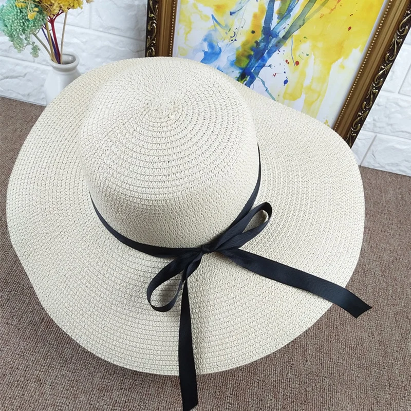 Rejser om sommeren stranden hatte vilde ride strå hat stor sløjfeknude bånd halm cap damer UV-beskyttelse søn caps 1