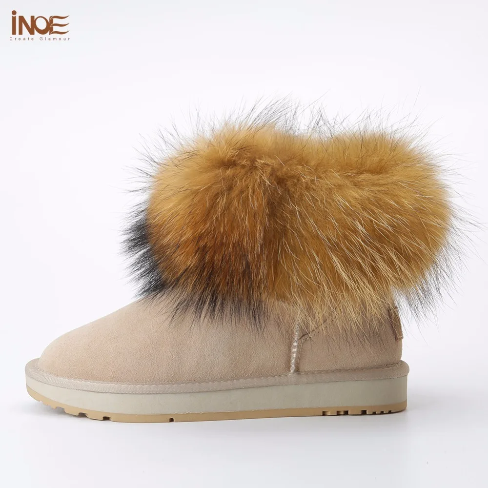 INOE Piger Fox fur Short Ankel Vinter Ruskind Shearling sne støvler til kvinder ægte fåreskind læder Uld, pels foret vinter sko 1