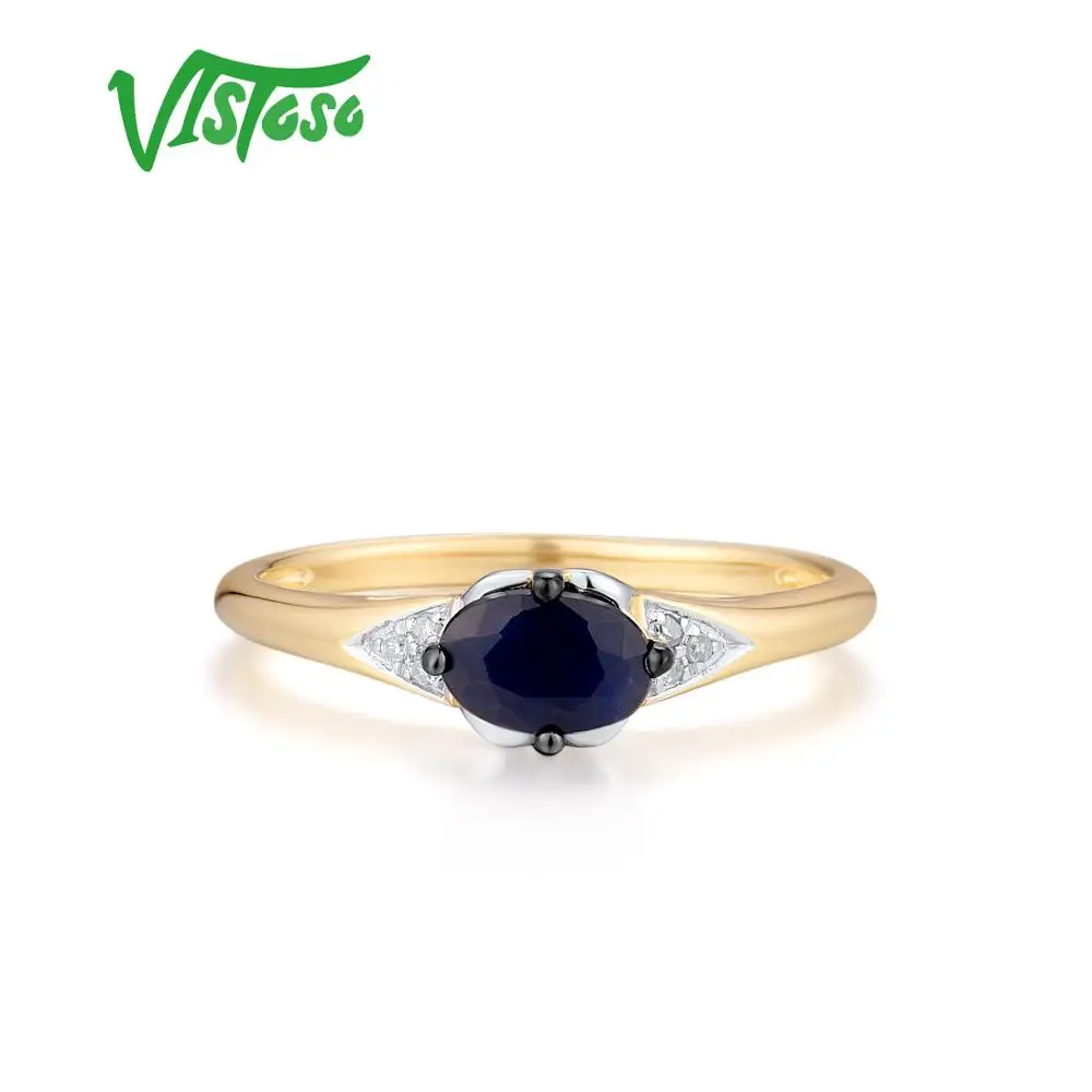 VISTOSO Guld Ring For Kvinde Ægte 14K 585 Gult Guld på en Naturlig Blå Safir Skinnende Diamant anillos Enkle Trendy Fine Smykker 1