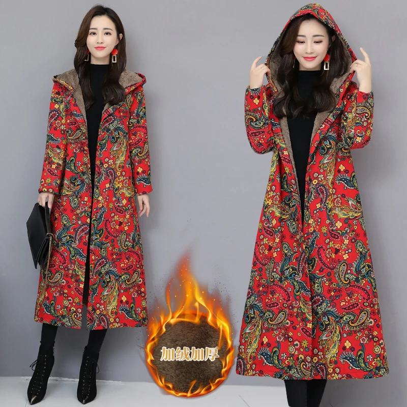 Kinesisk Røde Blomster Kvinder Vinteren Lang Jakke Vintage fleece foring Polstret Vinter jakke Kvinder Blå Blomst Parka Damer Vindjakke 1