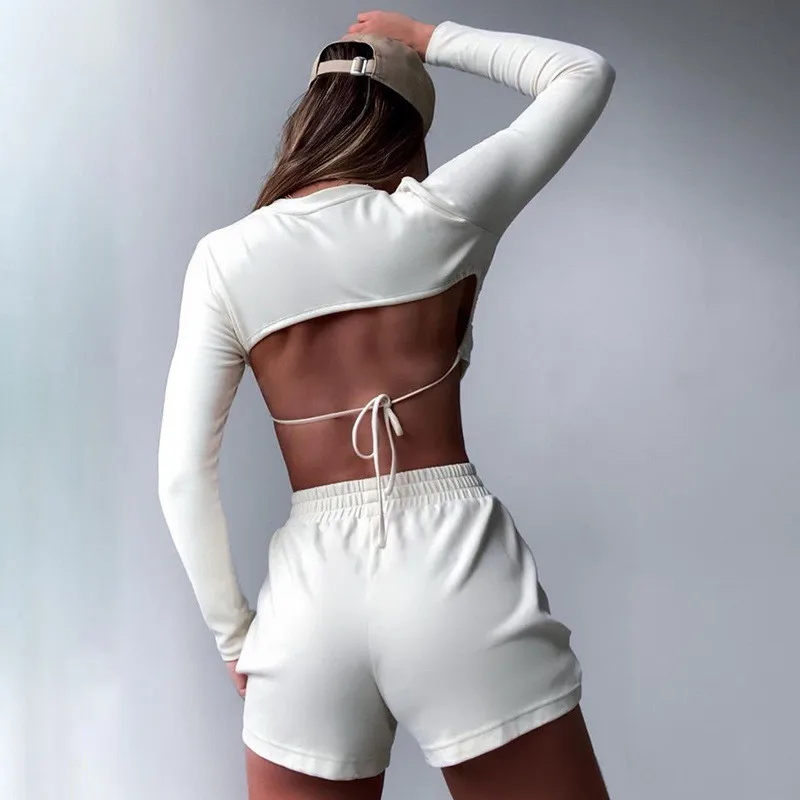 CNYISHE Casual Sporty Backless To delt Sæt Kvinder Træningsdragter med Lange Ærmer Bandage Træning Solidt Udstyr Sød t-Shirts + Shorts Sæt 1