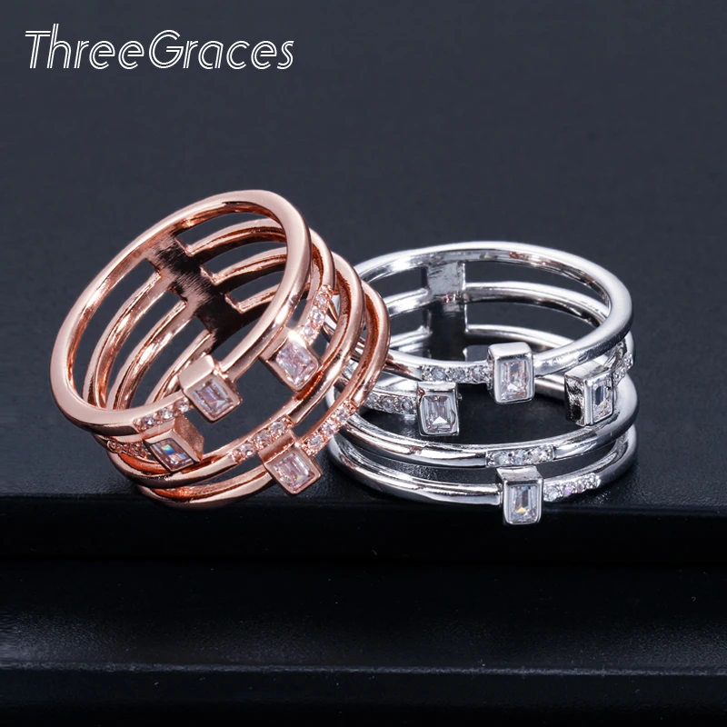 Threegraces Fashion Damer Finger Ringe, Multi-Lag-Pladsen Cubic Zirconia Sølv Farve Hule Store Ring for Kvinder Smykker RG079 1