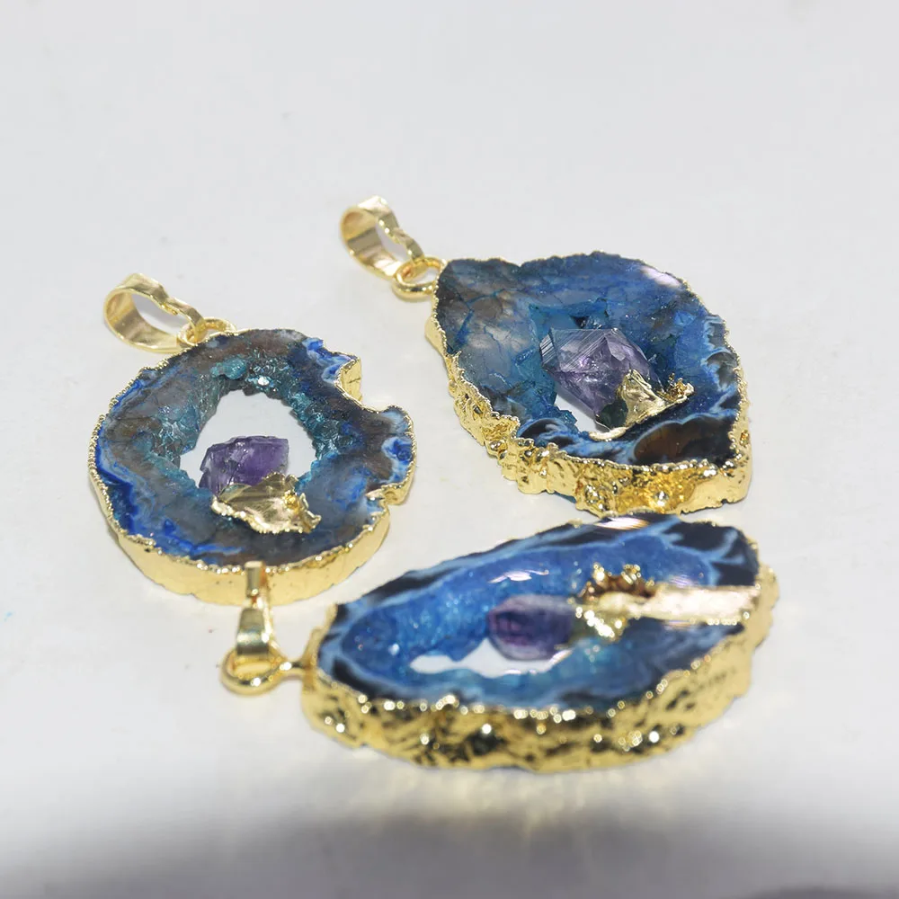 Naturlige Skive Blå Sten vedhæng til smykker at gøre kvinder 2020 Guld Plating Druzy Amulet store Uregelmæssige sten punkt perle hjerte 1