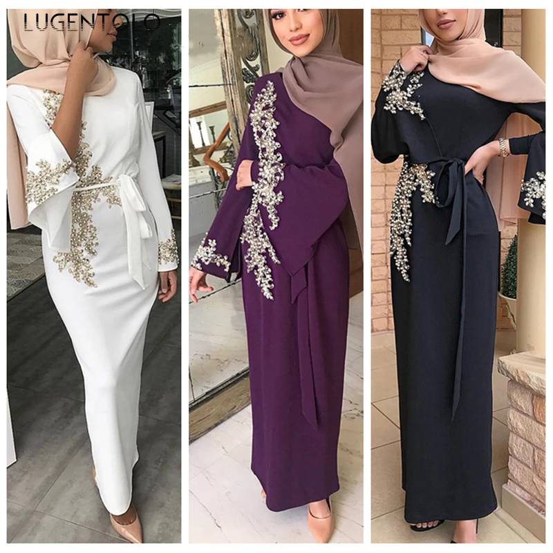 Lugentolo Kvinder Lang Kjole Mode Muslimske Arabiske Pearl Kjoler Middagsselskab Plus Size Løs, Afslappet Og Elegant Kvindelige Maxi Kjole 1