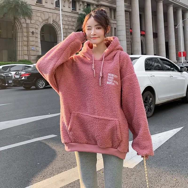 2020 Ny Plus Velvet Hættetrøjer Kvinder Fortykket Lam Hætteklædte Sweatshirts Efterår Og Vinter Pink Harajuku Srtyle Lomme Fleece Pullover 1