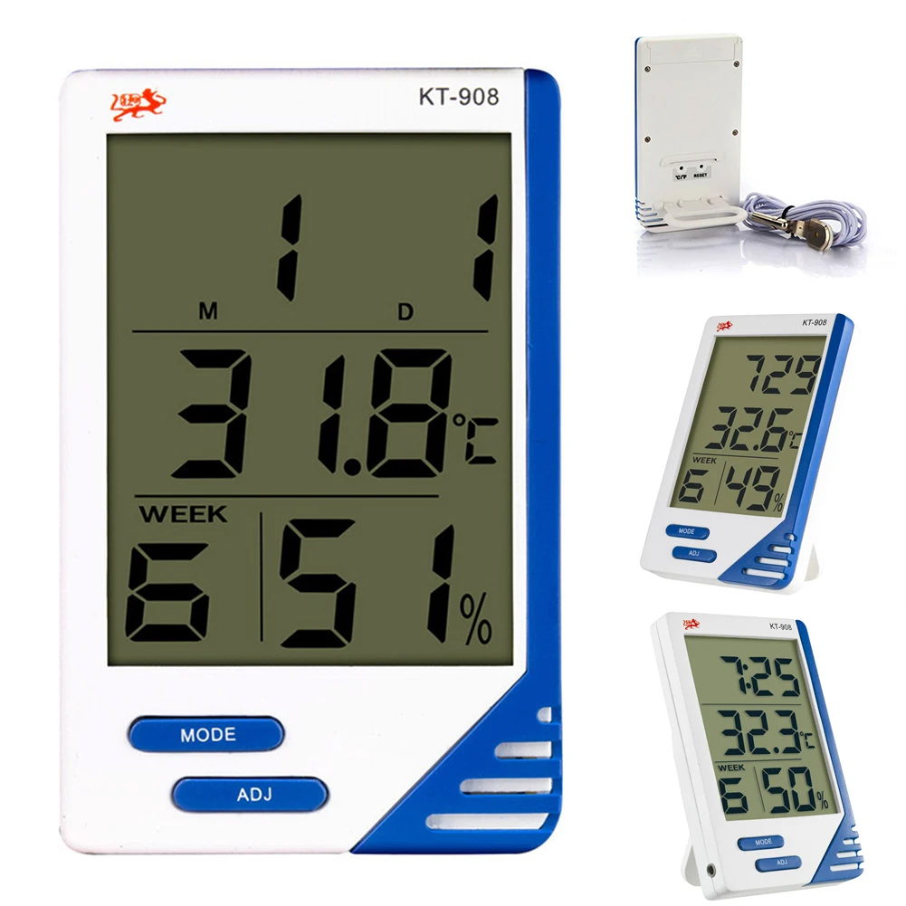 Hoge Kwaliteit KT-908 Digitale Termometer Grote Scherm Indendørs Da Offentlig Temperatuur Hygrometer Opfyldt Groot Lcd-Skærm 1