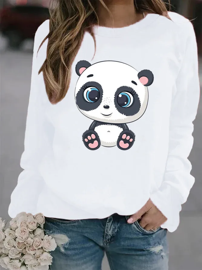 Søde Panda Trykt Hættetrøjer Kvinder Fleece Langærmet O Hals Løs Sweatshirt Piger Kvinder Hættetrøje Pullovere Vinter, Efterår 1