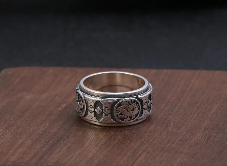 OYO S990 rent sølv ring for man fire væsener held og lykke ring green dragon hvide tiger suzaku gud skildpadde Thai sølv 1