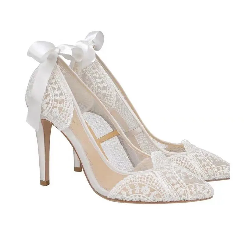 Kmeioo elegante bryllup sko kvinde lace pumper spidse tå høje hæle boetie stiletto lavvandede bride sko kvinder tynd hæle 1