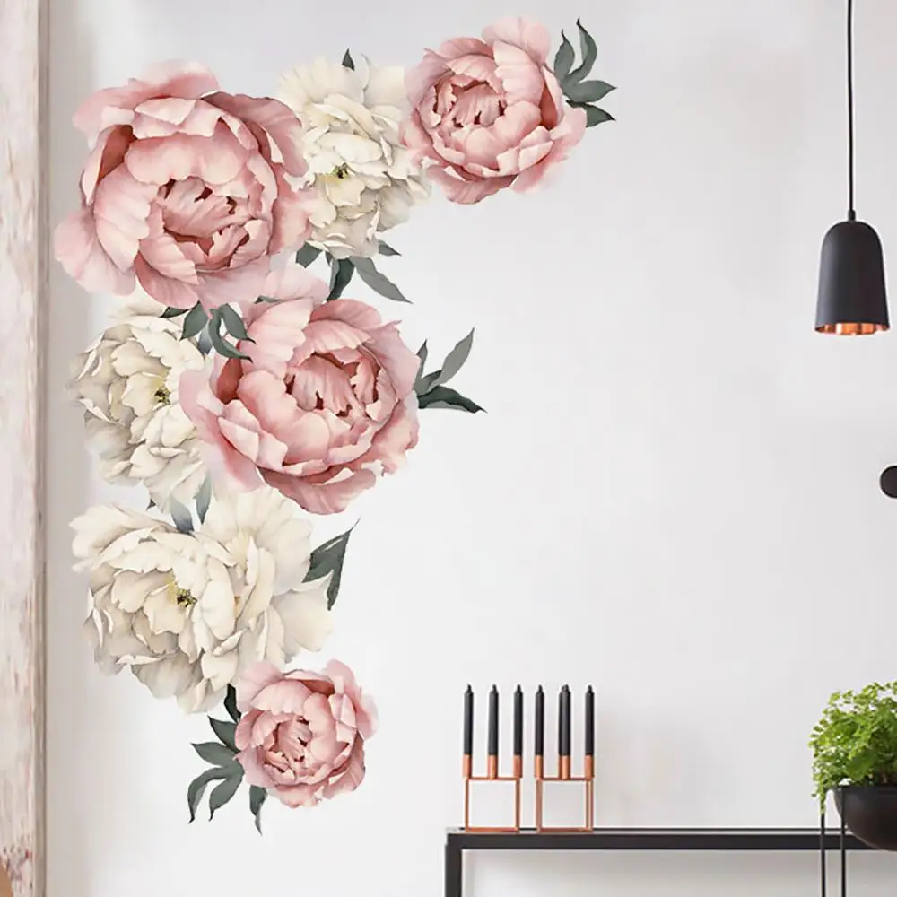 HUIRAN Pink Hvid Pæon Blomster Wall Stickers Hjem Indretning Stue, Soveværelse, Køkken Wall Stickers til Piger Værelser 1
