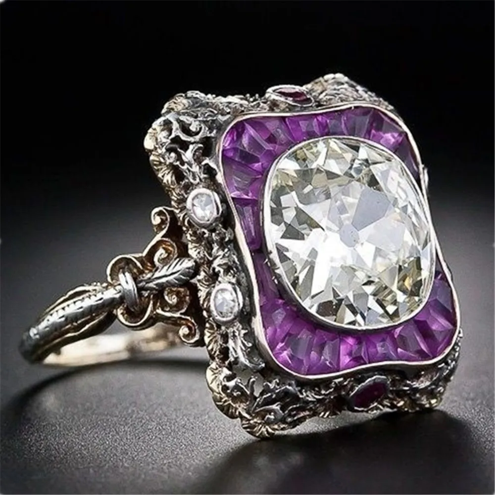 Luksus Vintage Lilla Firkant Skåret Skinner AAA Zircon Ring med stor CZ Sten Ring for Kvinder Mode Smykker Ringe SZ 5-12 1