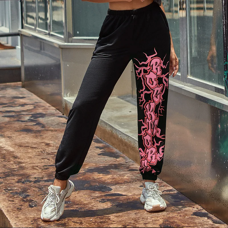 InstaHot Kvinder Sweatpant Flamme Trykt Sorte Bukser Cargo Bukser 2020 Fashion Streetwear Gotisk Kvinde Pantalones Løs Jogger 1
