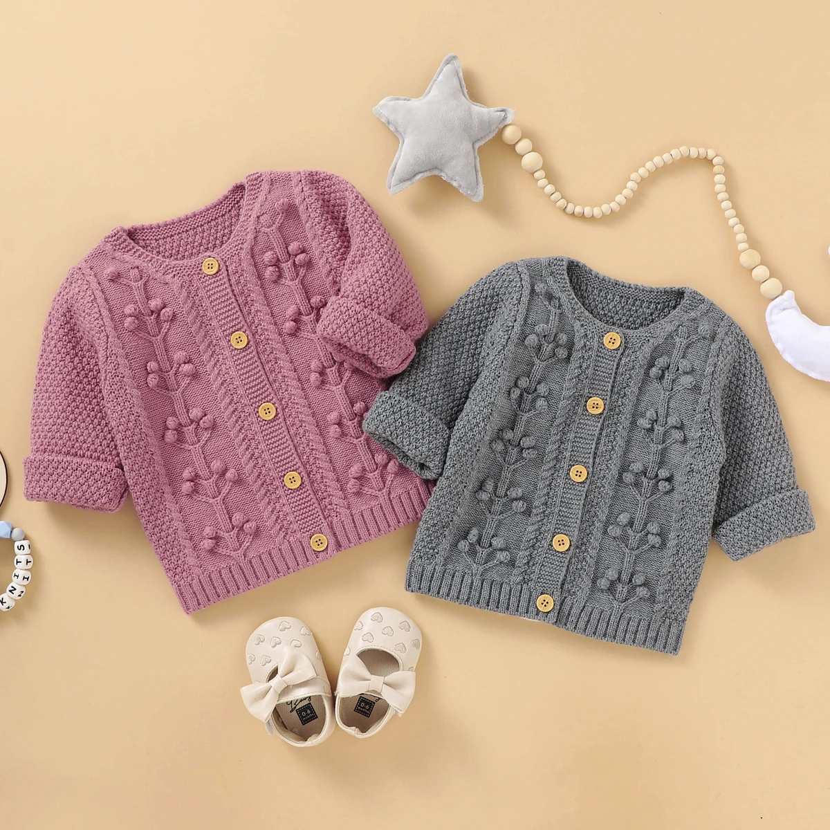 Nyfødte spædbarn Baby Pige Tøj Solid Håndlavet Bubble Ball strikket Cardigan Efterår og Vinter Varm Udstyr Sweater Outcoat 1