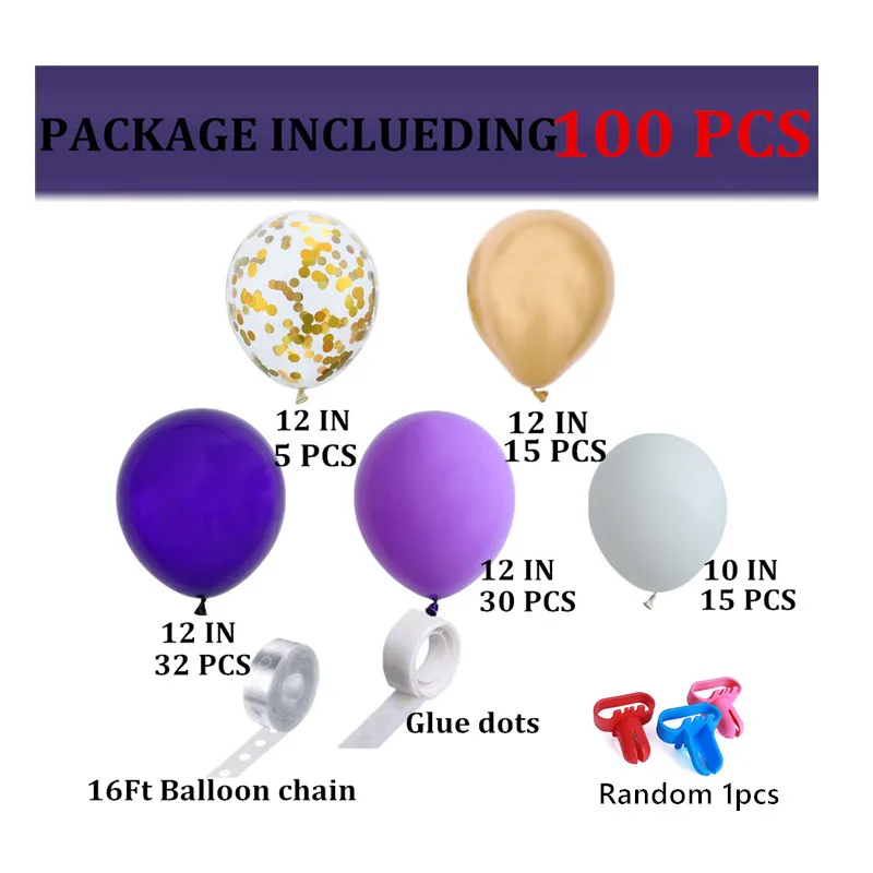 100pcs Metal Guld Blandet Lys Lilla Latex Ballon Guirlande-Arch-Kit Til Baby 1th Fødselsdag Dekoration Balloner Forsyninger 1
