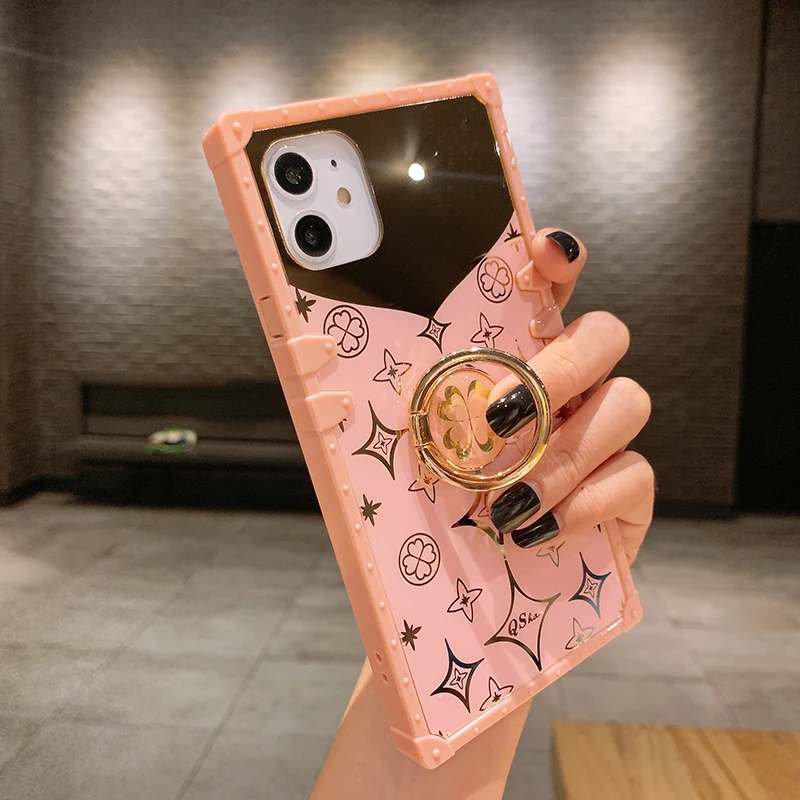 Luksus-Pladsen Søde Kløver Pink Phone Case For iPhone-11 Pro Max 12 Mini X XS-XR 7 8 Plus-Blød Silikone Spejl Dække Ring Holder 1